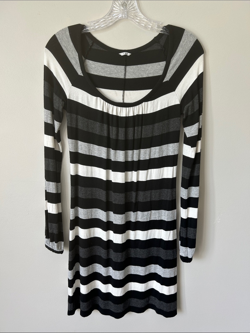 Three Dots Black, White & Gray Striped Long Sleeve Dress